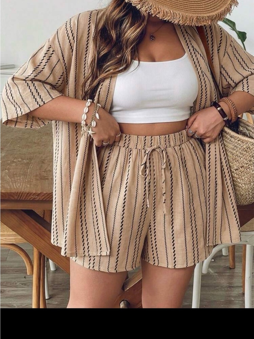 SHEIN Beige Striped Kimono Coverup and Shorts Set